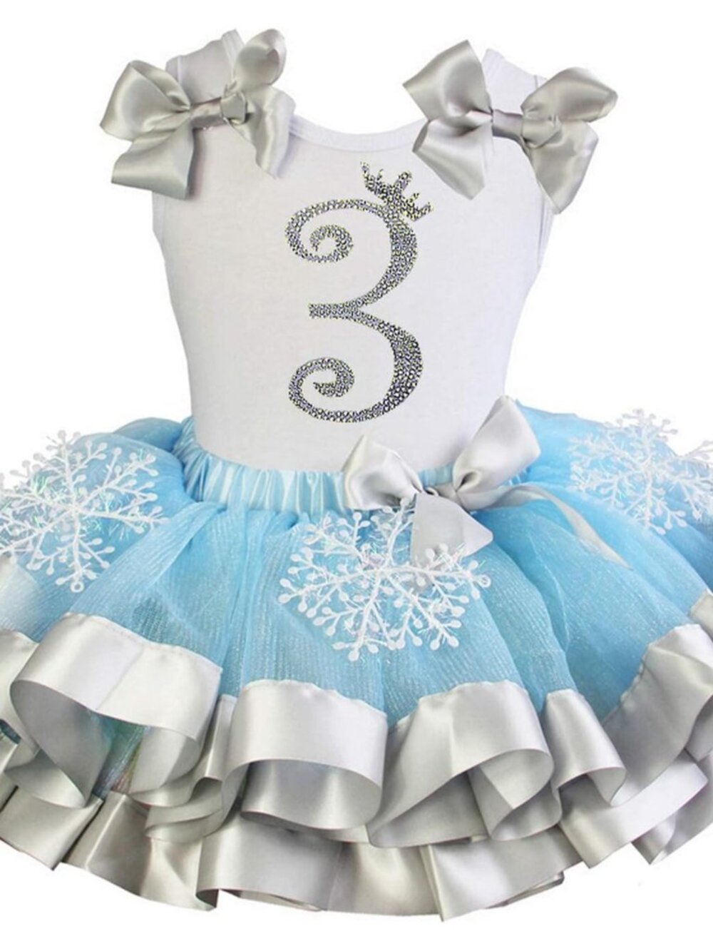Girls Princess Snowflake Blue Silver Satin Trimmed Tutu 1st 2nd 3rd 5th Birthday